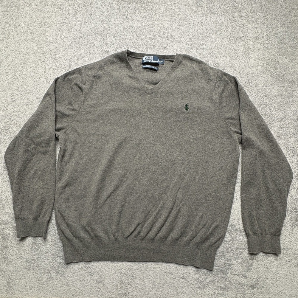 Polo Ralph Lauren Sweater Mens 2XL Gray V Neck Pullover Knit Classic Pony Logo